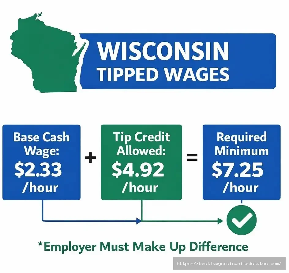 Wisconsin tipped employee wage structure showing $2.33 base plus $4.92 tip credit equals $7.25 minimum
