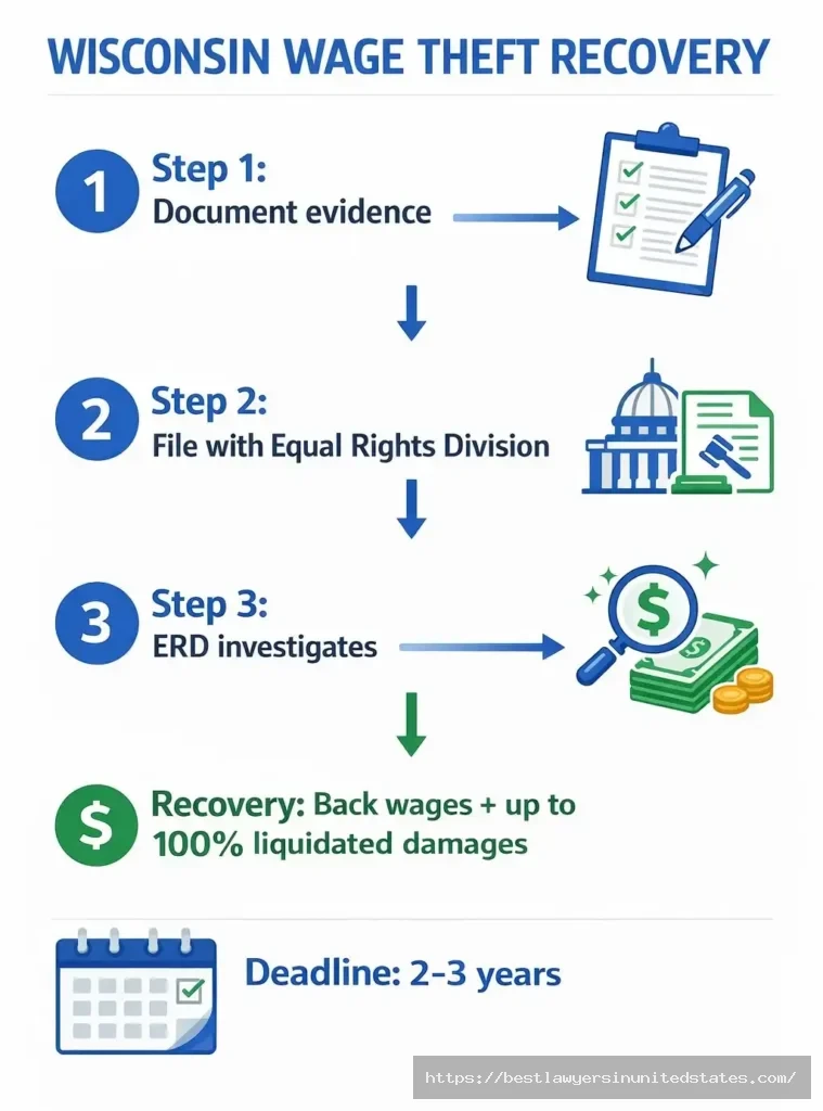 Wisconsin wage theft complaint process showing steps to file with Equal Rights Division