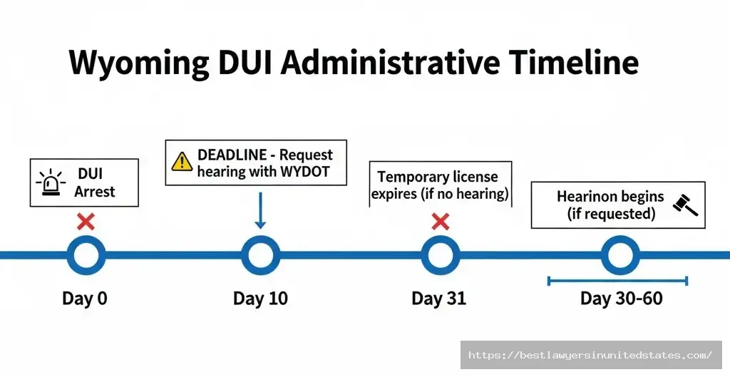 Wyoming DUI administrative hearing timeline showing 10-day deadline to request hearing 30-day temporary license period