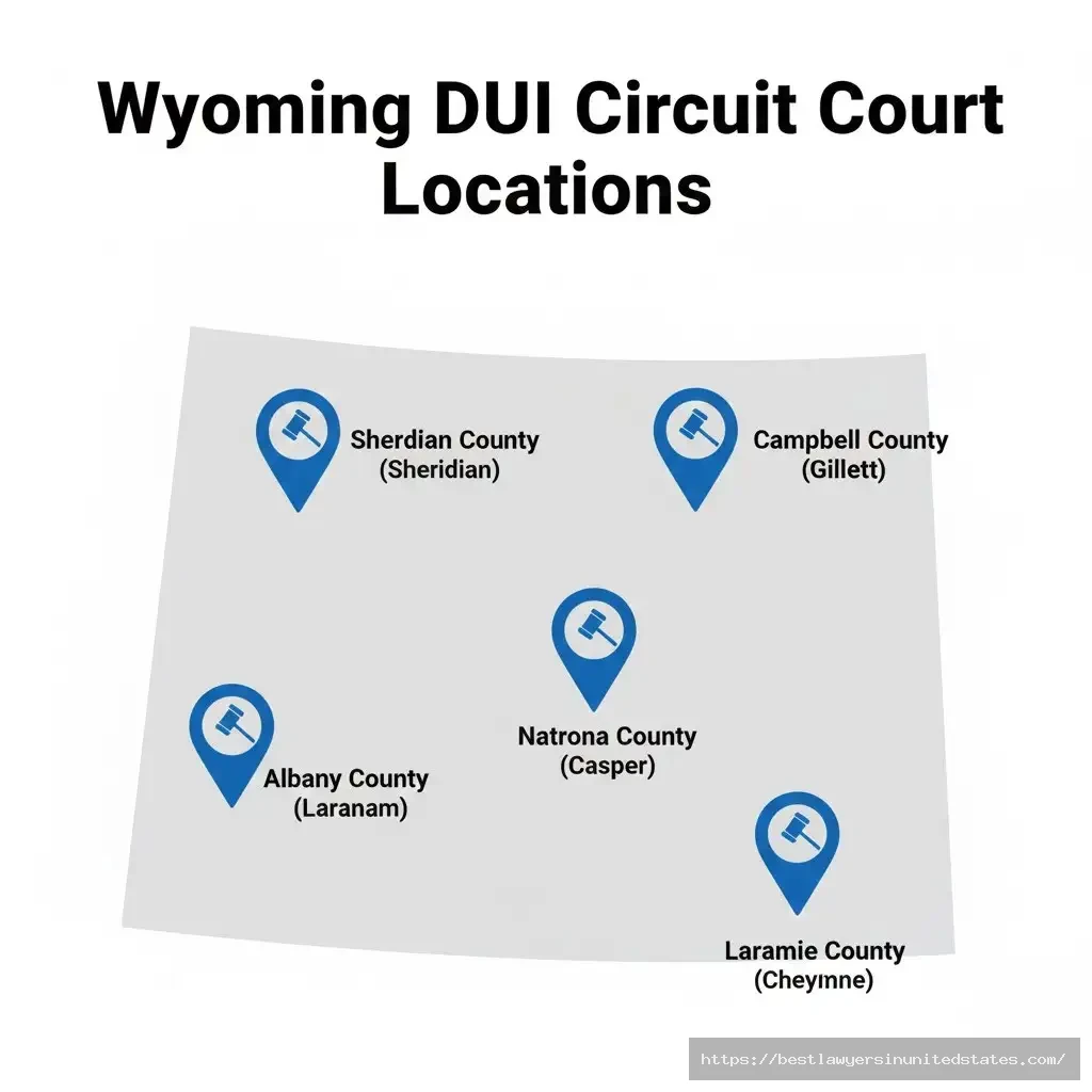 Wyoming DUI circuit court locations map showing Cheyenne Casper Laramie Gillette Sheridan county courthouses