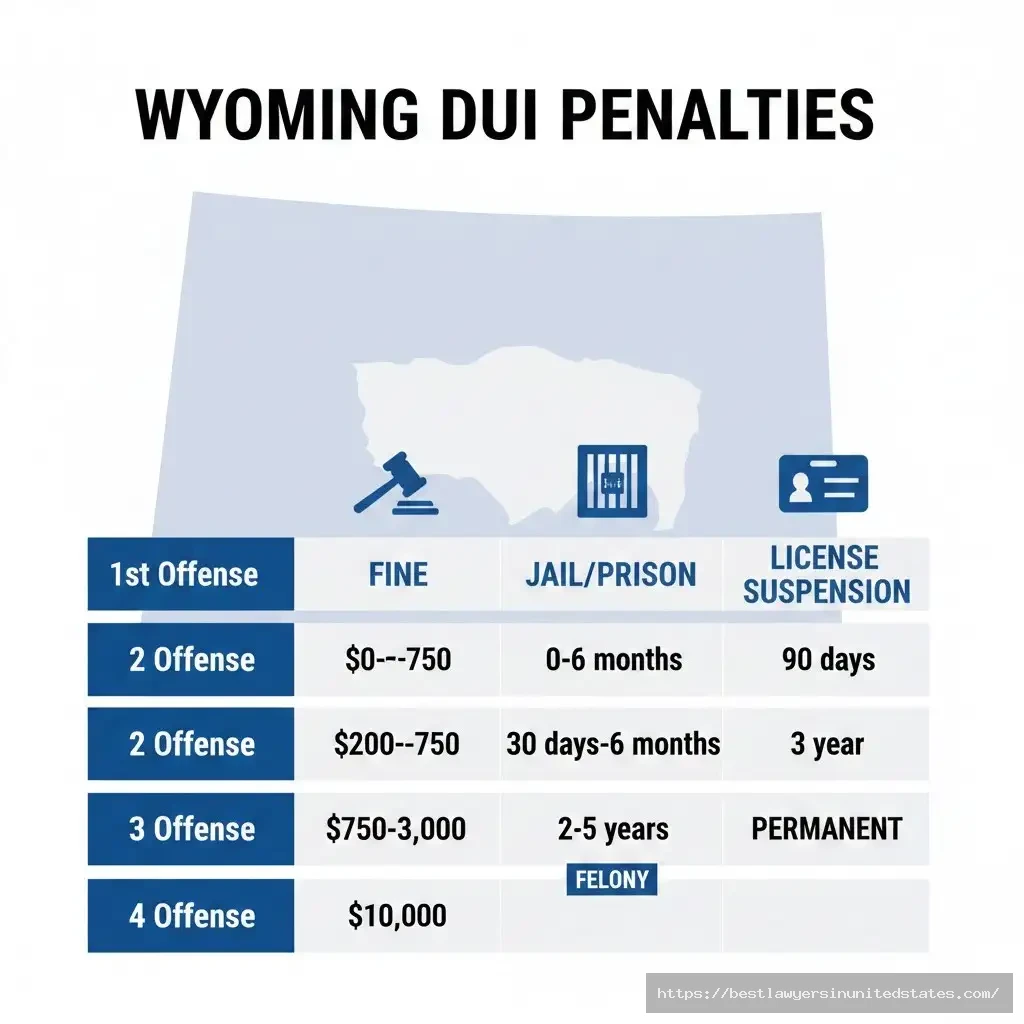 Wyoming DUI penalties chart showing fines jail time license suspension for 1st 2nd 3rd 4th offense under statute 31-5-233
