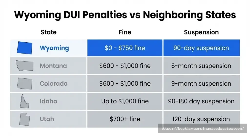 Wyoming DUI penalties compared to Montana Colorado Idaho Utah showing fines jail time license suspension differences