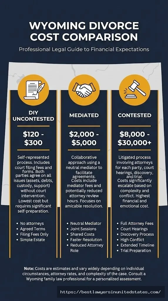 Wyoming divorce cost comparison showing DIY uncontested at $120-$300, mediated at $2,000-$5,000, and contested at $8,000-$30,000 in 2026