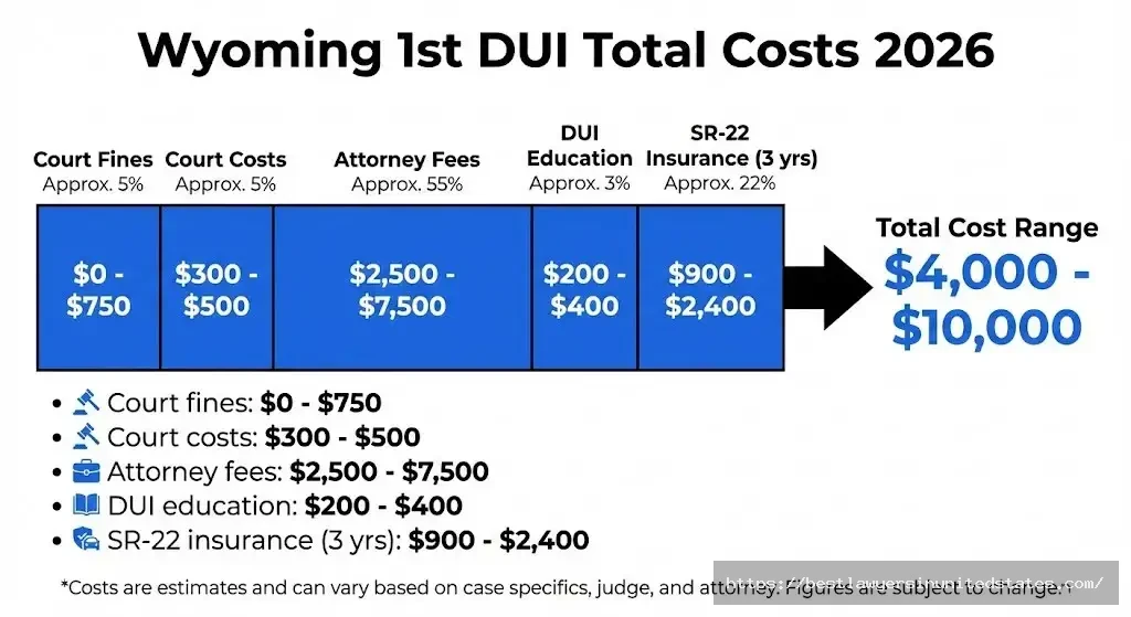 Wyoming first offense DUI cost breakdown showing fines court costs attorney fees insurance totaling $4000-$10000
