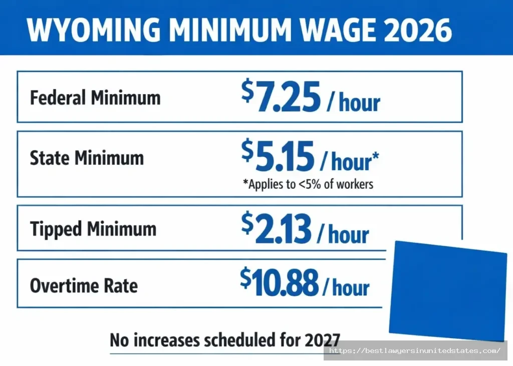 Wyoming minimum wage rates 2026 infographic showing federal $7.25, state $5.15, and tipped $2.13 hourly wages