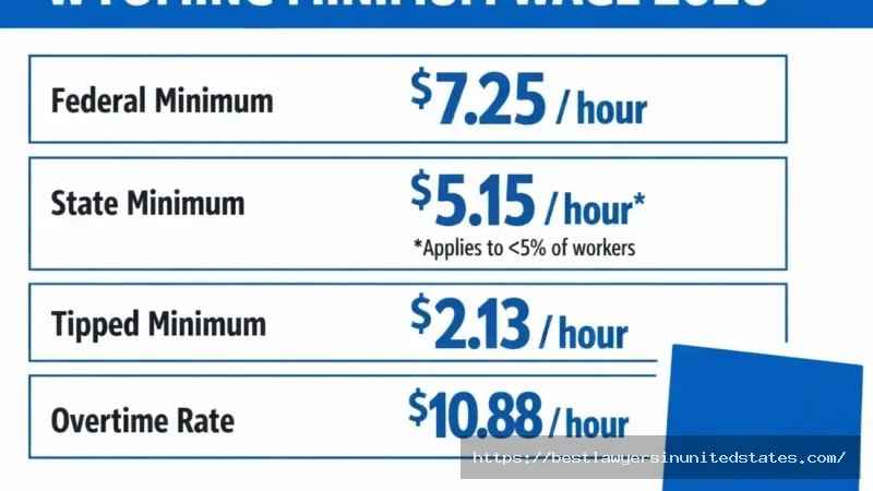 Wyoming minimum wage rates 2026 infographic showing federal $7.25, state $5.15, and tipped $2.13 hourly wages
