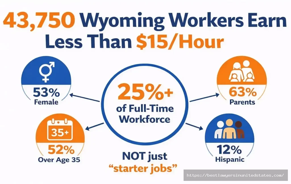 Wyoming minimum wage worker demographics showing 53% female, 63% parents, 52% over age 35 infographic