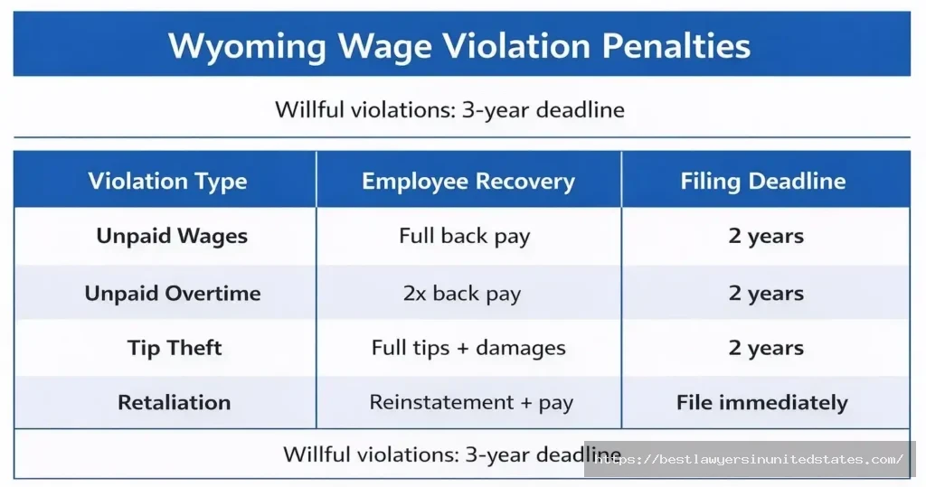 Wyoming wage violation penalties table showing unpaid wages, overtime, tip theft recovery options and filing deadlines
