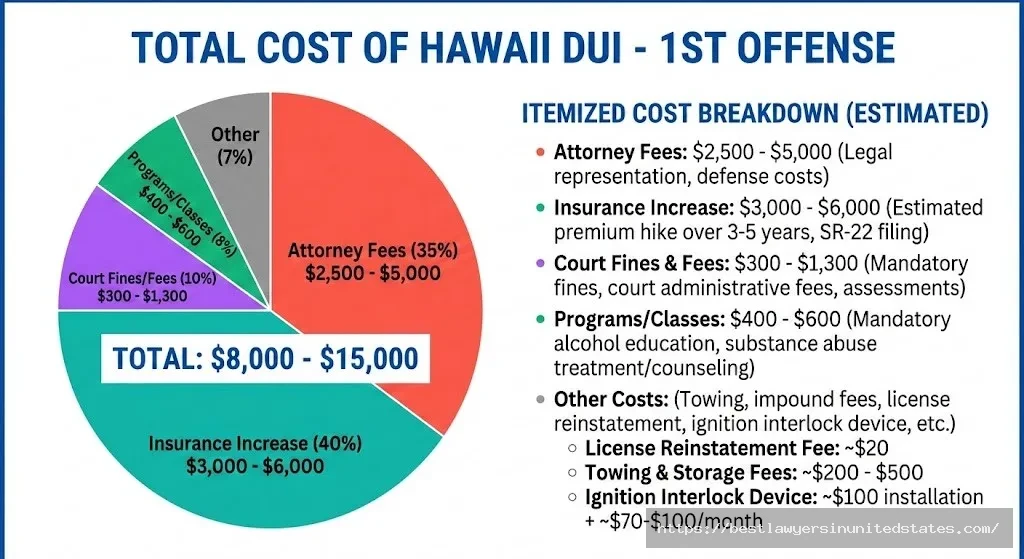 awaii DUI cost breakdown showing $8,000-$15,000 total including fines, attorney fees, and insurance increases