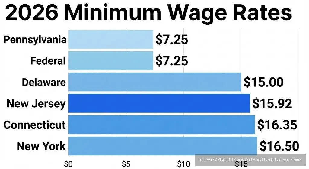 ew Jersey minimum wage comparison with Pennsylvania, New York, Connecticut and Delaware for 2026