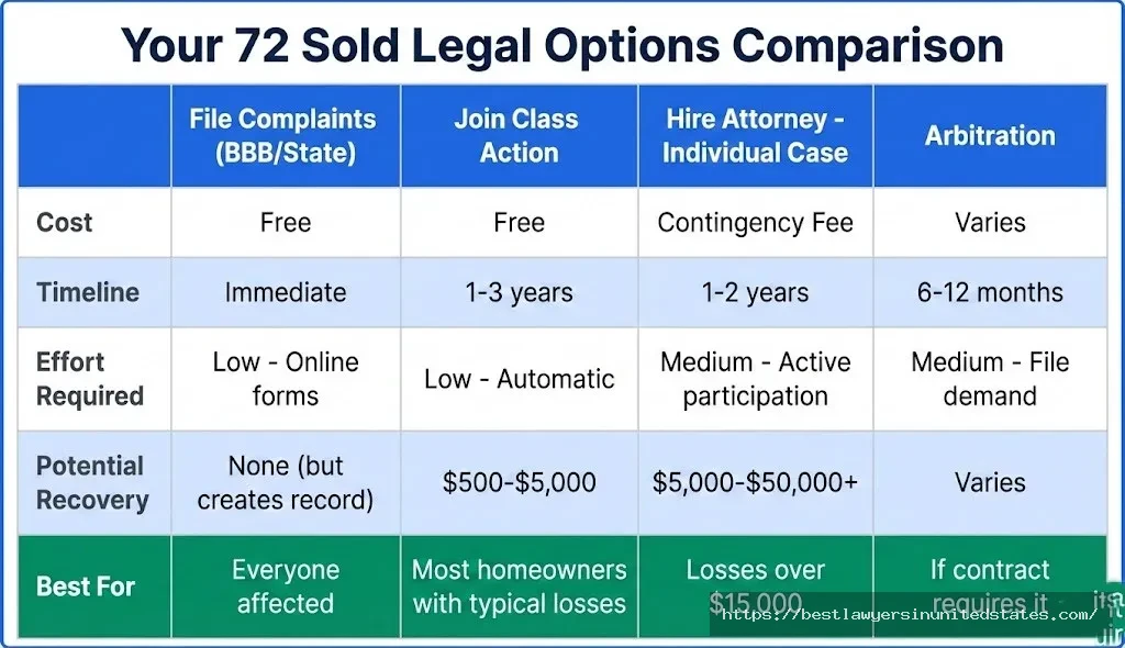 72 Sold lawsuit legal options comparison - complaints, class action, individual lawsuit, arbitration pros and cons