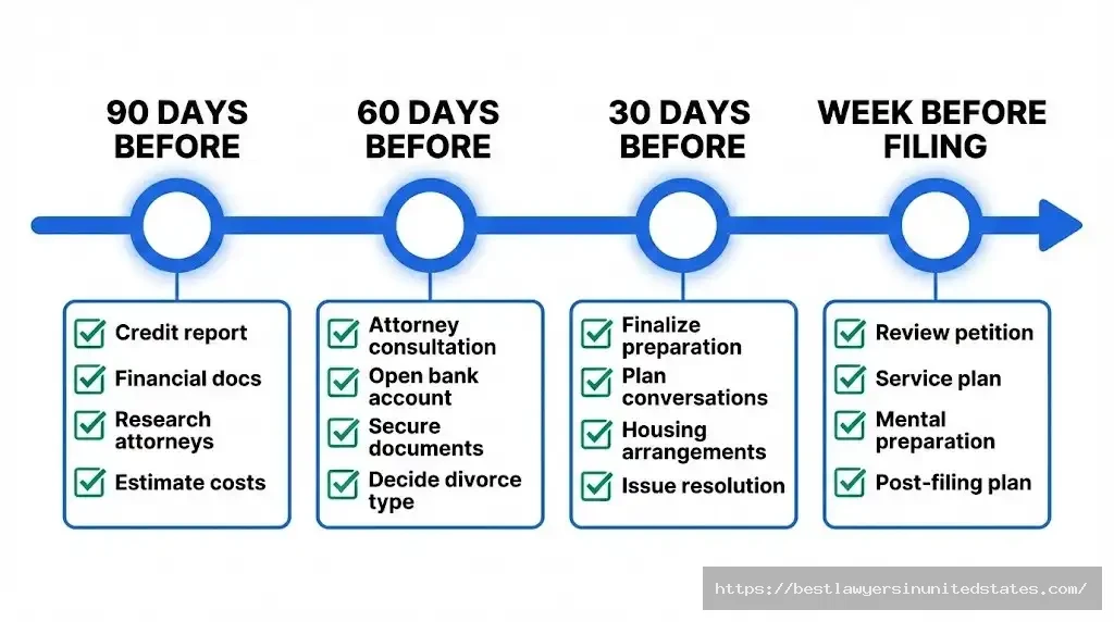 90-day divorce preparation timeline showing tasks for 90, 60, 30 days before filing and week before filing
