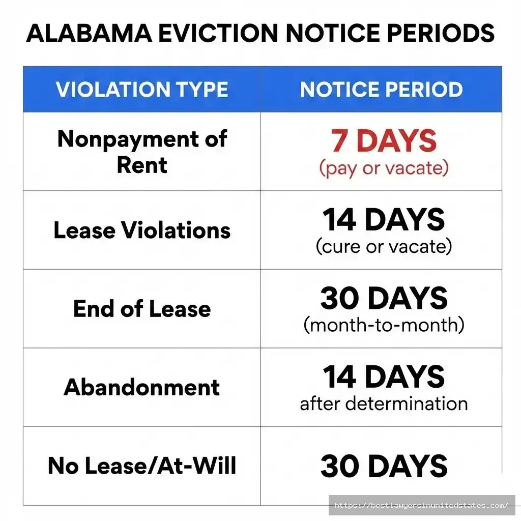 Alabama eviction notice requirements by violation type showing 7 to 30 day periods
