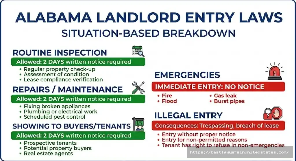 Alabama landlord entry rules requiring 2 days written notice except emergencies