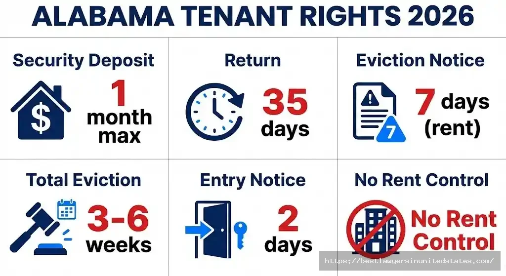 Alabama tenant rights 2026 overview showing security deposit limits and eviction timeline
