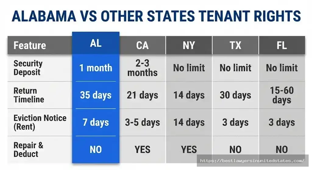 Alabama tenant rights compared to California New York Texas and Florida laws