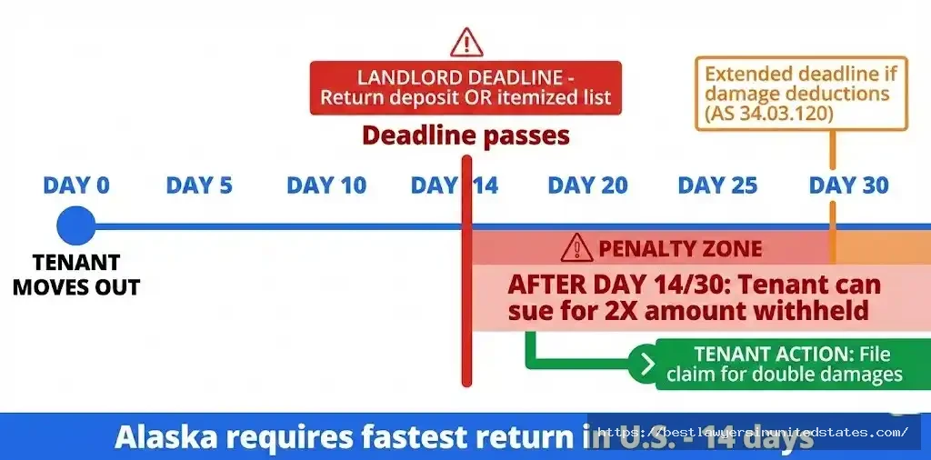 Alaska 14-day security deposit return timeline showing landlord deadline and penalty for late return