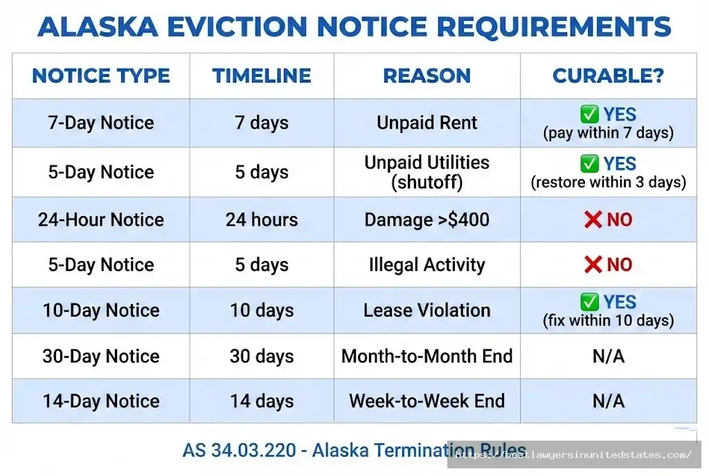 Alaska eviction notice requirements showing 7-day to 30-day timelines based on violation type under AS 34.03.220