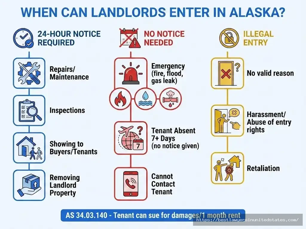 Alaska landlord entry rules showing 24-hour notice requirement except for emergencies under AS 34.03.140