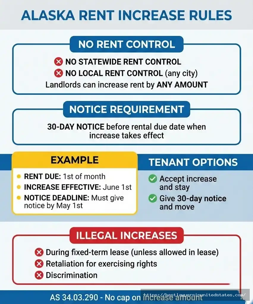 Alaska rent increase rules showing no rent control and 30-day notice requirement tied to rental due date