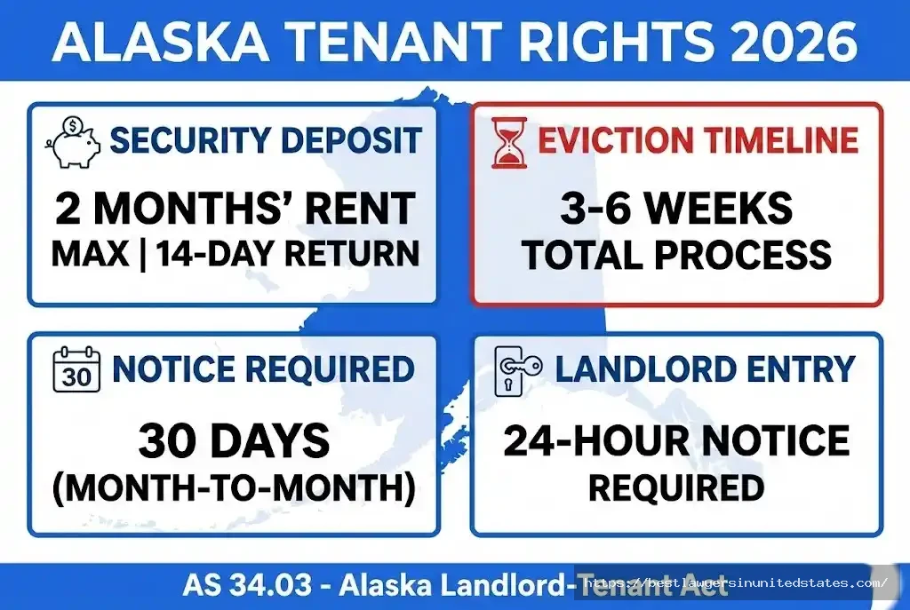 Alaska tenant rights 2026 overview showing security deposit limits, eviction timeline, and notice requirements