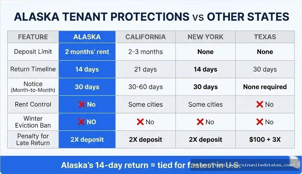 Alaska tenant rights comparison with California, New York, and Texas showing deposit limits and return timelines