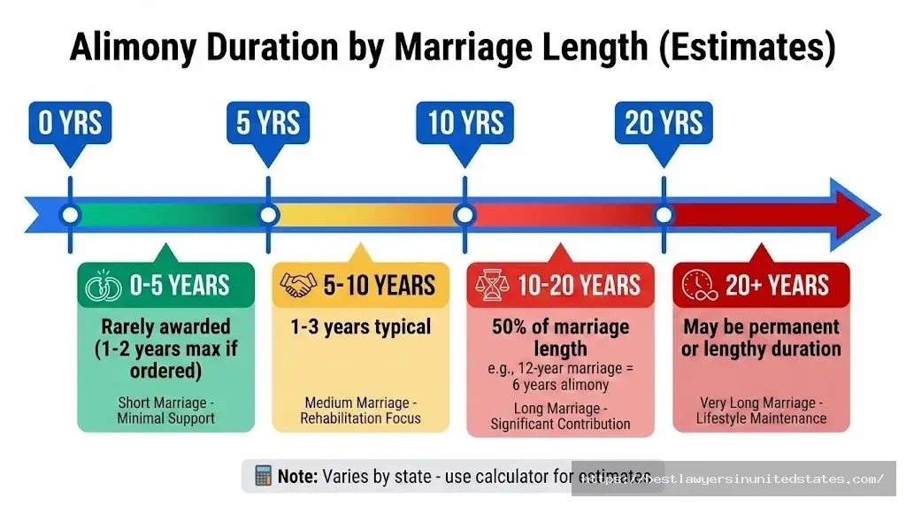 Alimony duration timeline by marriage length from 0-5 years rarely awarded to 20+ years permanent spousal support