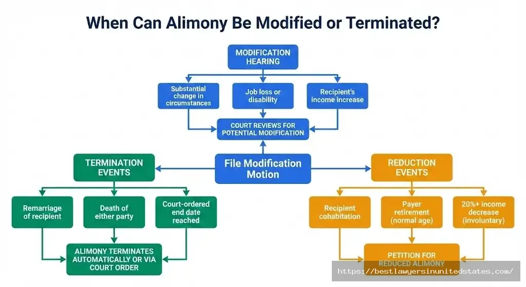 Alimony modification flowchart showing termination triggers like remarriage and reduction factors like retirement or cohabitation
