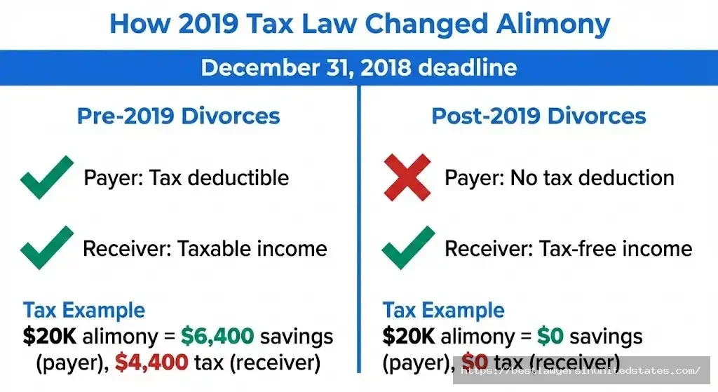 Alimony tax treatment comparison showing pre-2019 vs post-2019 rules and tax impacts on payer and receiver