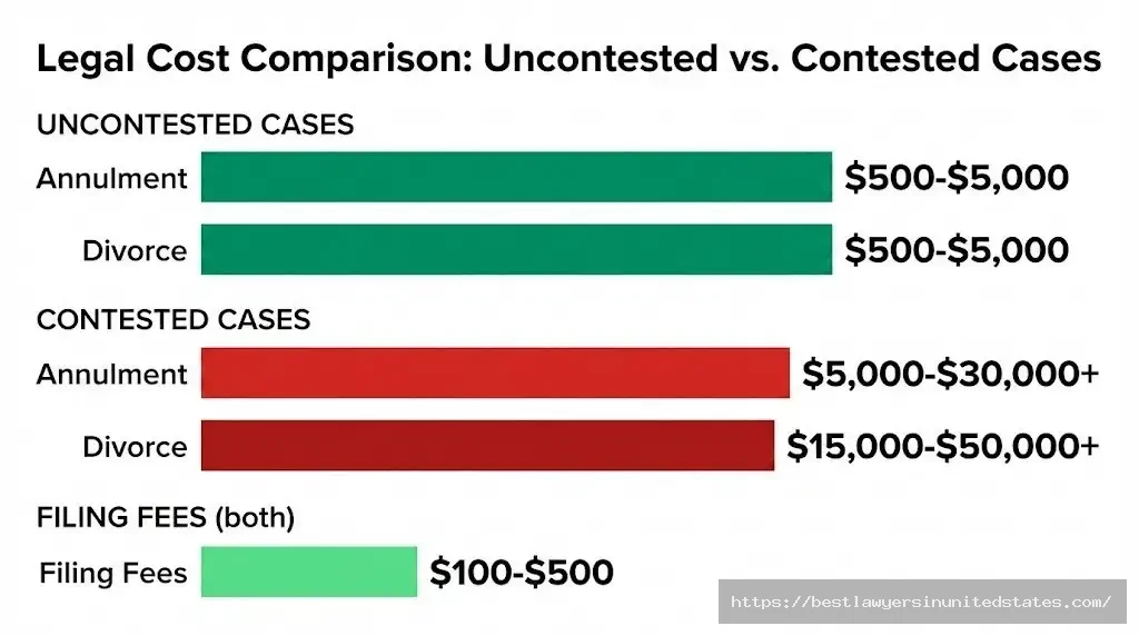 Annulment vs divorce cost comparison 2026 showing uncontested and contested case expenses