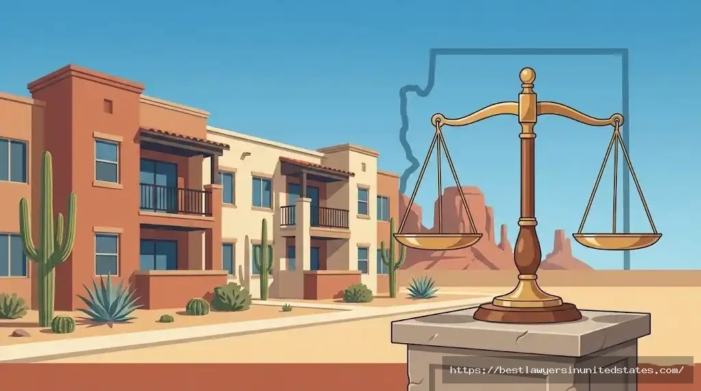 Arizona apartment buildings with a justice scale symbol representing tenant rights and housing laws under Arizona landlord tenant law