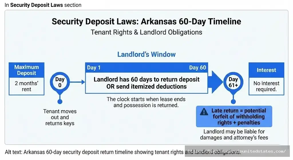 Arkansas 60-day security deposit return timeline showing tenant rights and landlord obligations