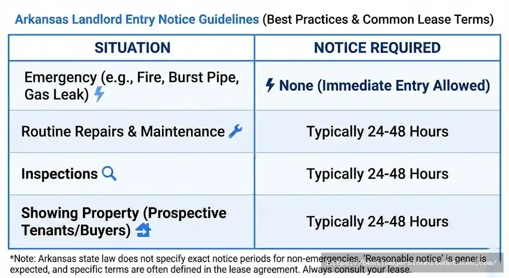 Arkansas landlord entry notice requirements showing 24-48 hours for non-emergency entry