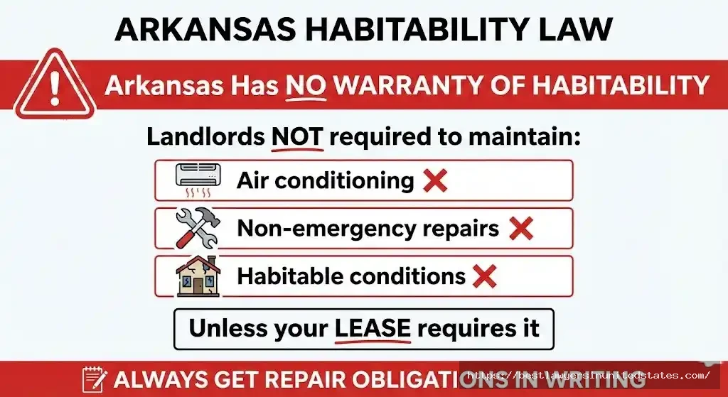Arkansas no warranty of habitability warning showing landlords not required to maintain air conditioning or make repairs