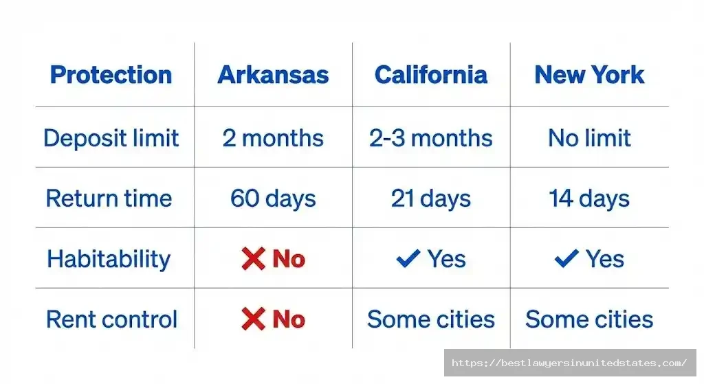 Arkansas tenant protections compared to California and New York showing weaker habitability and rent control laws