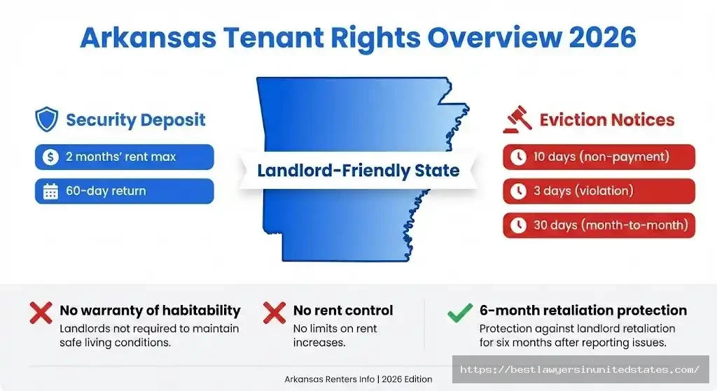 Arkansas tenant rights 2026 overview showing security deposit limits eviction timeline and landlord-friendly protections