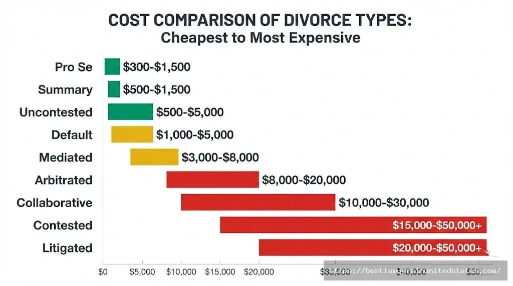 Bar chart comparing divorce costs by type pro se cheapest at $300-$1,500, litigated most expensive at $20,000-$50,000+