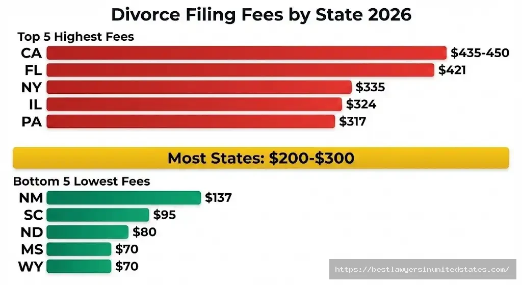 Bar chart comparing divorce filing fees from $70 in Wyoming to $421 in Florida across all states 2026