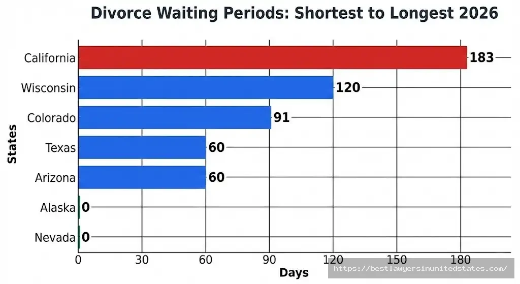 Bar chart comparing divorce waiting periods from 0 days in Alaska to 183 days in California