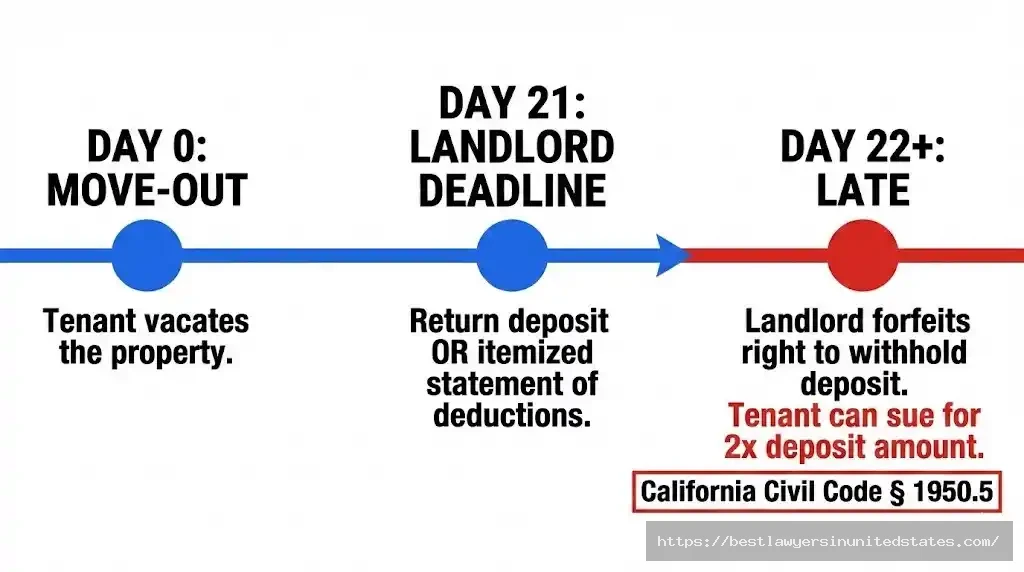 California 21-day security deposit return timeline showing landlord deadline and penalties for late returns