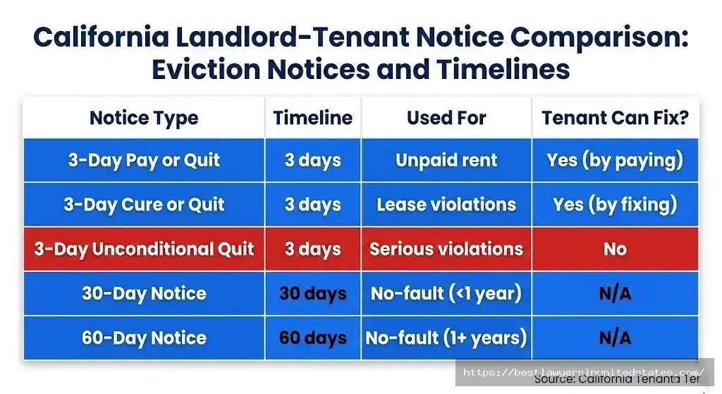 California eviction notice types and timelines showing 3-day, 30-day, and 60-day notice requirements by reason