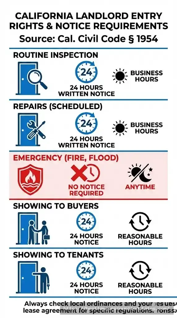 California landlord entry rules requiring 24-hour notice for inspections and repairs, no notice for emergencies