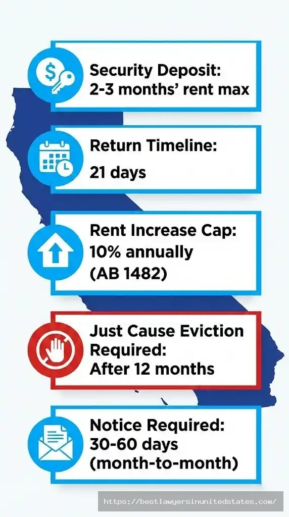 California tenant rights 2026 overview showing security deposit limits, eviction protections, and rent control under AB 1482