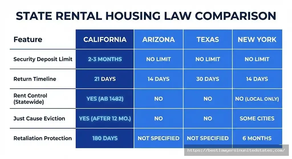 California tenant rights compared to Arizona, Texas, and New York showing stronger deposit, eviction, and rent control protections