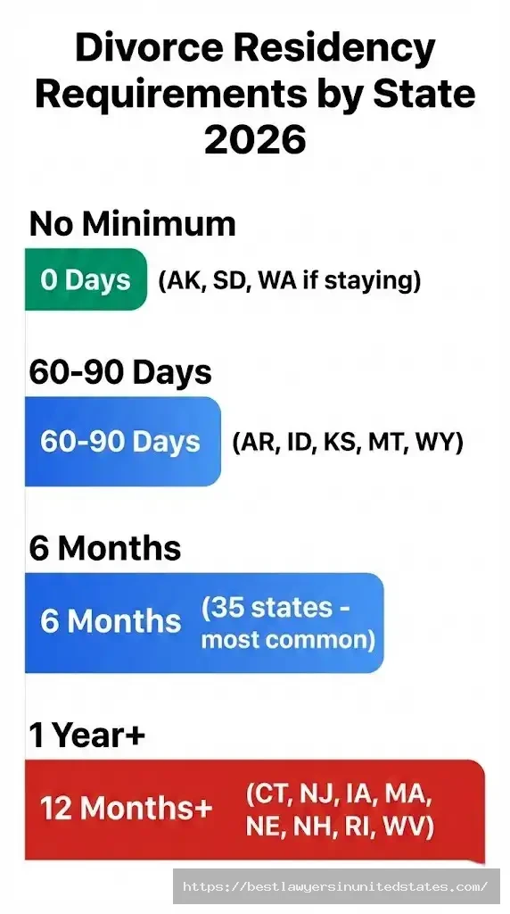Chart comparing divorce residency requirements from no minimum to 12 months across all 50 states 2026