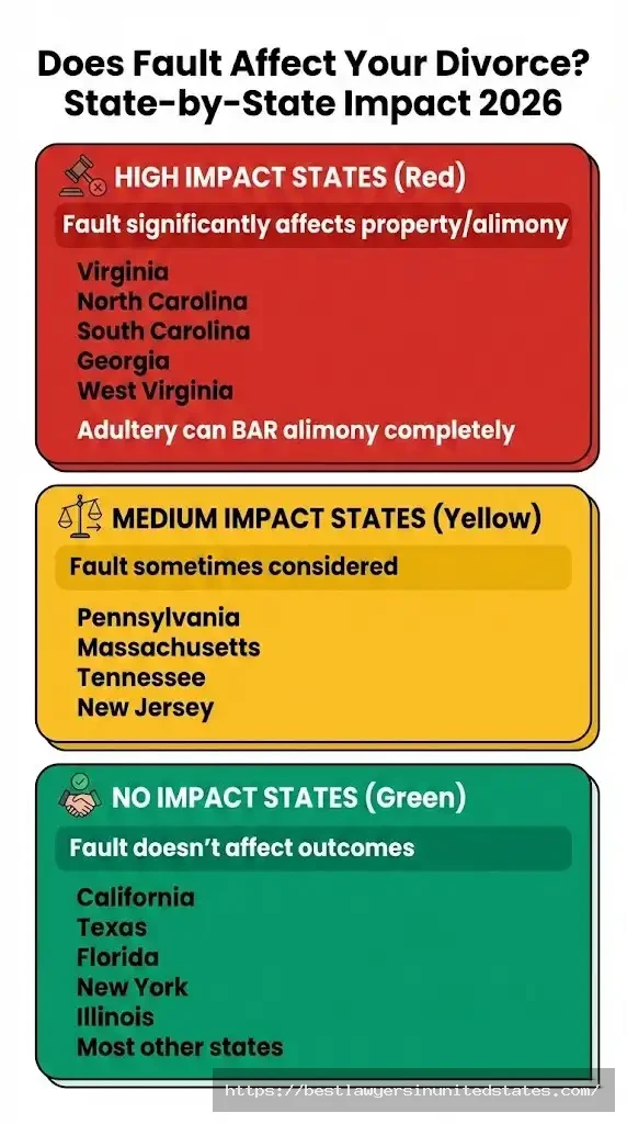 Chart showing which states consider fault in divorce outcomes 5 high-impact states where fault affects alimony and property division