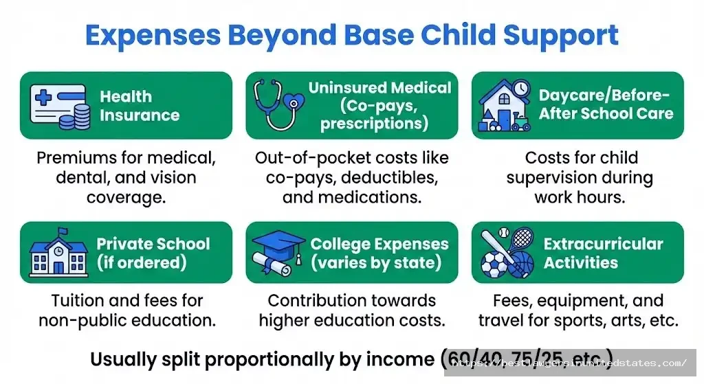 Child support additional expenses including health insurance, medical costs, childcare, private school, college, and extracurricular activities