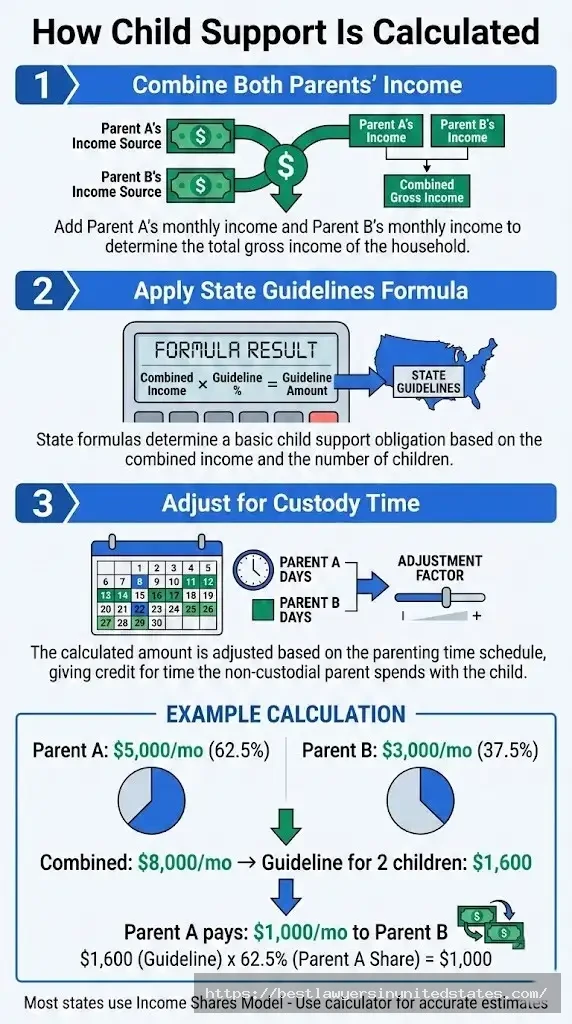 Child support calculation process showing income shares model with example calculation for two children