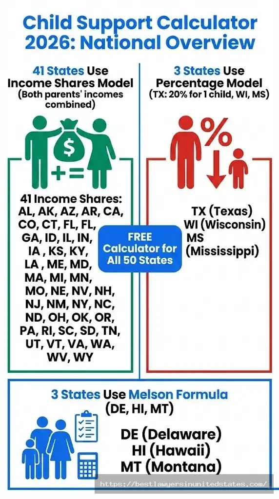Child support calculator 2026 showing three calculation models Income Shares (41 states), Percentage (3 states), Melson Formula (3 states)