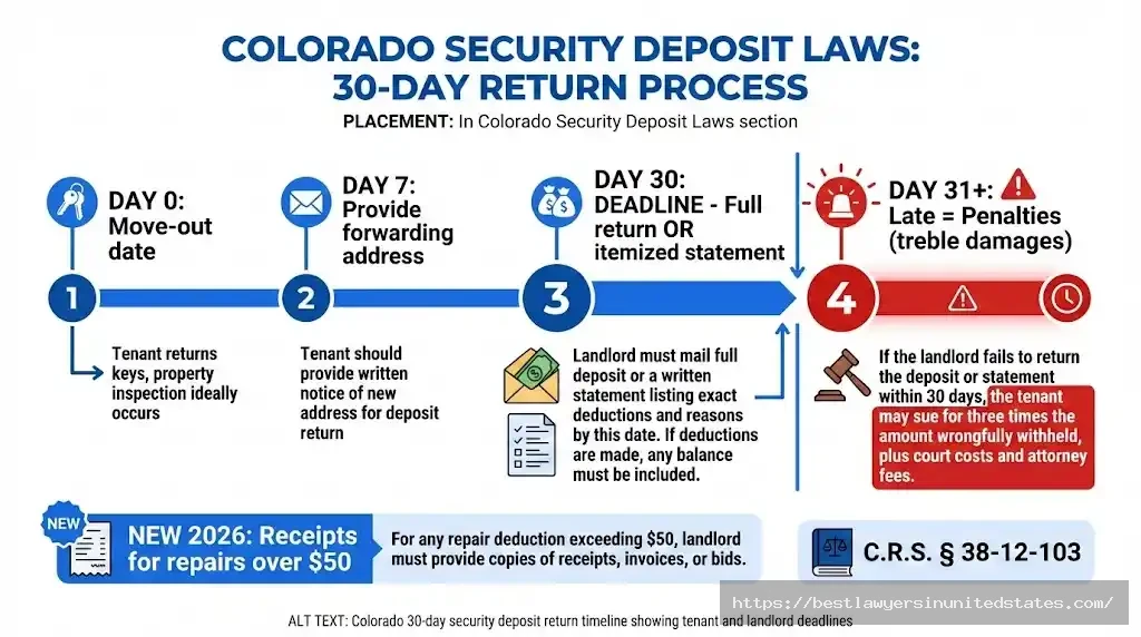 Colorado 30-day security deposit return timeline showing tenant and landlord deadlines